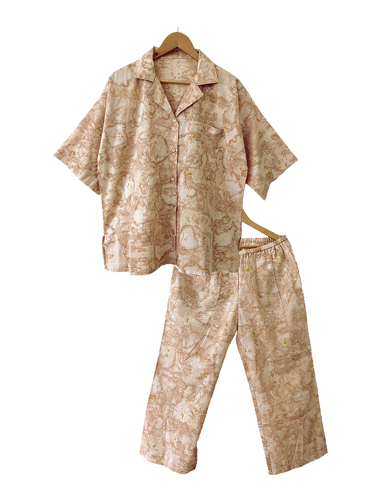LOUNGEWEAR-PAJAMA SET ORGANIC COTTON CAMBRIC NATURAL DYE PETAL ECO-PRINT