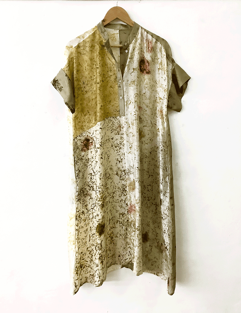 SILK COLORBLOCK SHIRTDRESS/KURTA | HANDWOVEN | NATURAL DYE | PETAL ECO-PRINT