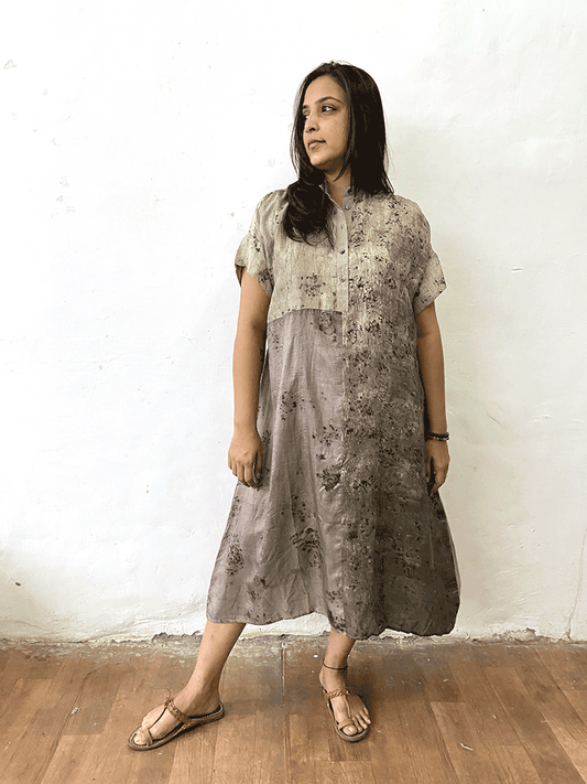 SILK COLORBLOCK SHIRTDRESS/KURTA | HANDWOVEN | NATURAL DYE | PETAL ECO-PRINT