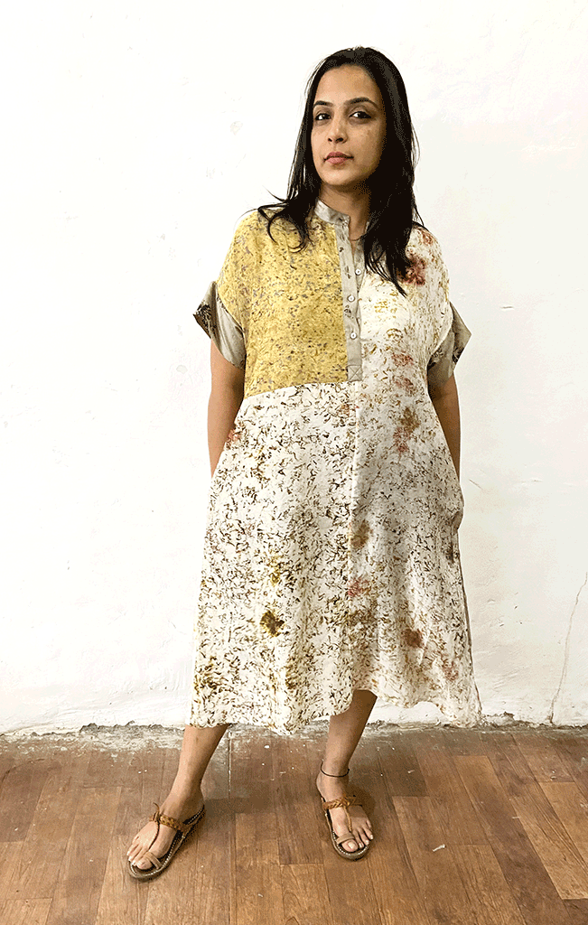 SILK COLORBLOCK SHIRTDRESS/KURTA | HANDWOVEN | NATURAL DYE | PETAL ECO-PRINT