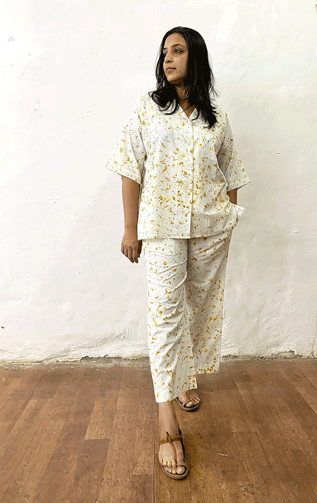 LOUNGEWEAR-PAJAMA SET | ORGANIC COTTON CAMBRIC | NATURAL DYE PETAL ECO-PRINT